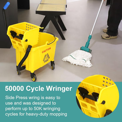 Side Press Wringer Combo Commercial Mop Bucket on Wheels, 35 Quart,Yellow, Including Commercial Mop and Rubber Gloves