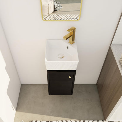 SSLine Modern 24-Inch Bathroom Vanity with Sink Wall Mounted Bathroom Vanity with Top Basin & Storage Cabinet White Wood Floating Vanity w/Ceramic Sink & Gold/Black Handles for Small Space