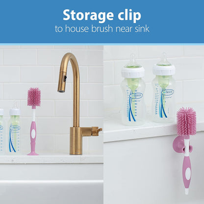 Dr. Brown's Reusable Sponge Baby Bottle Cleaning Brush with Suction Cup Stand, Scrubber and Nipple Cleaner, Pink 1-Pack
