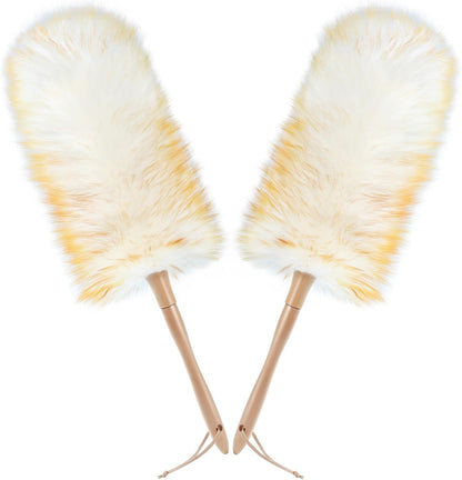 ONESIMUS 2 Pack Lambswool Dusters Fluffy Handheld Natural Feather Duster, 16.5 inch Washable Reusable Wool Dusters with Solid Wooden Handle for Cleaning Ceiling Fan, Interior, & Car etc
