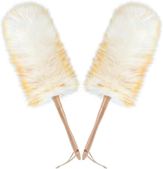 ONESIMUS 2 Pack Lambswool Dusters Fluffy Handheld Natural Feather Duster, 16.5 inch Washable Reusable Wool Dusters with Solid Wooden Handle for Cleaning Ceiling Fan, Interior, & Car etc