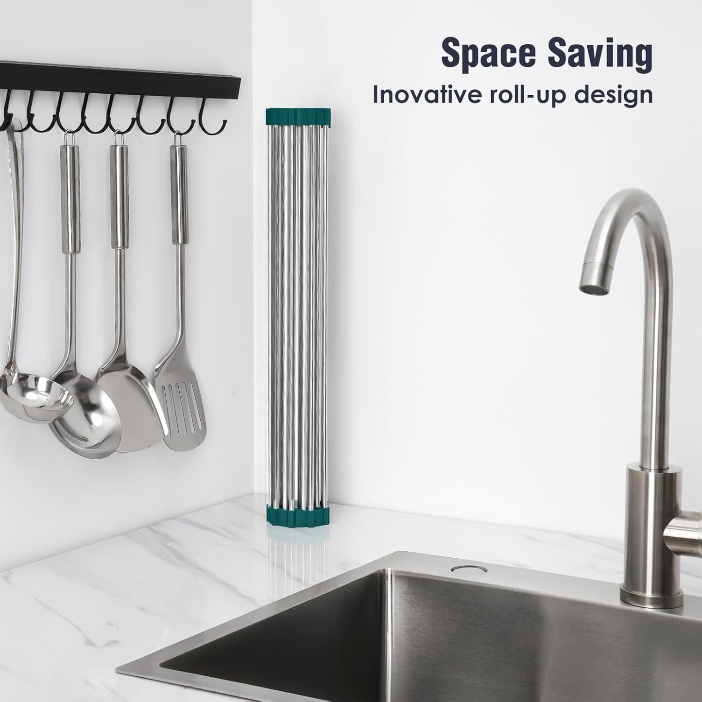 Tomorotec 17.7" x 15.5" Roll Up Dish Drying Rack Over Sink Drying Rack Sink Cover Kitchen Sink Accessories Gadget Multipurpose Organizer Foldable Stainless Steel Drainer (Grey)