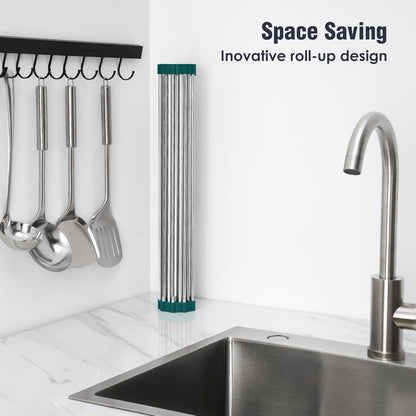 Tomorotec 17.7" x 15.5" Roll Up Dish Drying Rack Over Sink Drying Rack Sink Cover Kitchen Sink Accessories Gadget Multipurpose Organizer Foldable Stainless Steel Drainer (Grey)