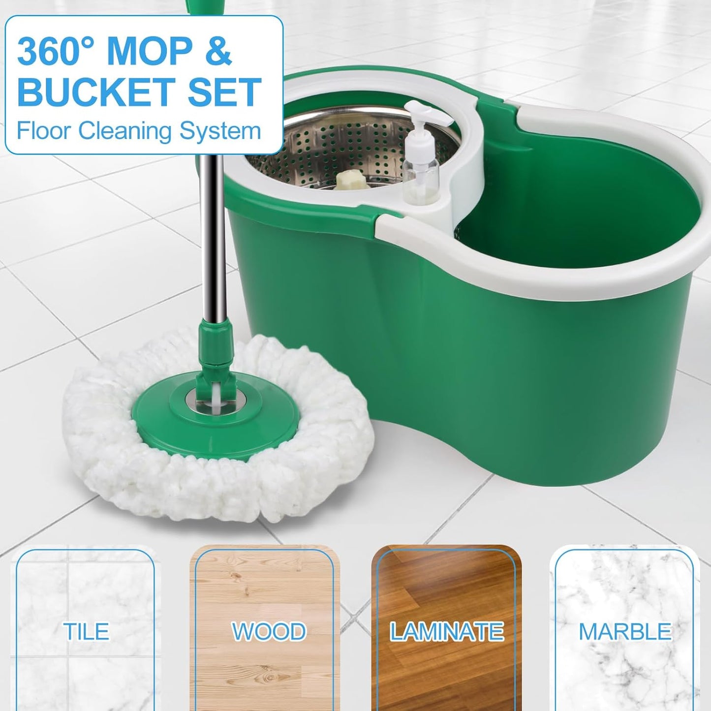 Spin Mop and Bucket with Wringer Set, 360° Rotating Head Mop Bucket System with 3 Microfiber Mop Refills Wet and Dry Suitable for Office and Home Use, Green (Green)