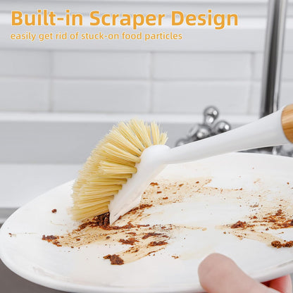 SUBEKYU Dish Brush with Handle, Natural Bamboo Dish Scrubber Brush, Kitchen Dishwashing Brush for Cleaning Dishes/Pans/Pots/Sinks, Sisal Bristles, 2P