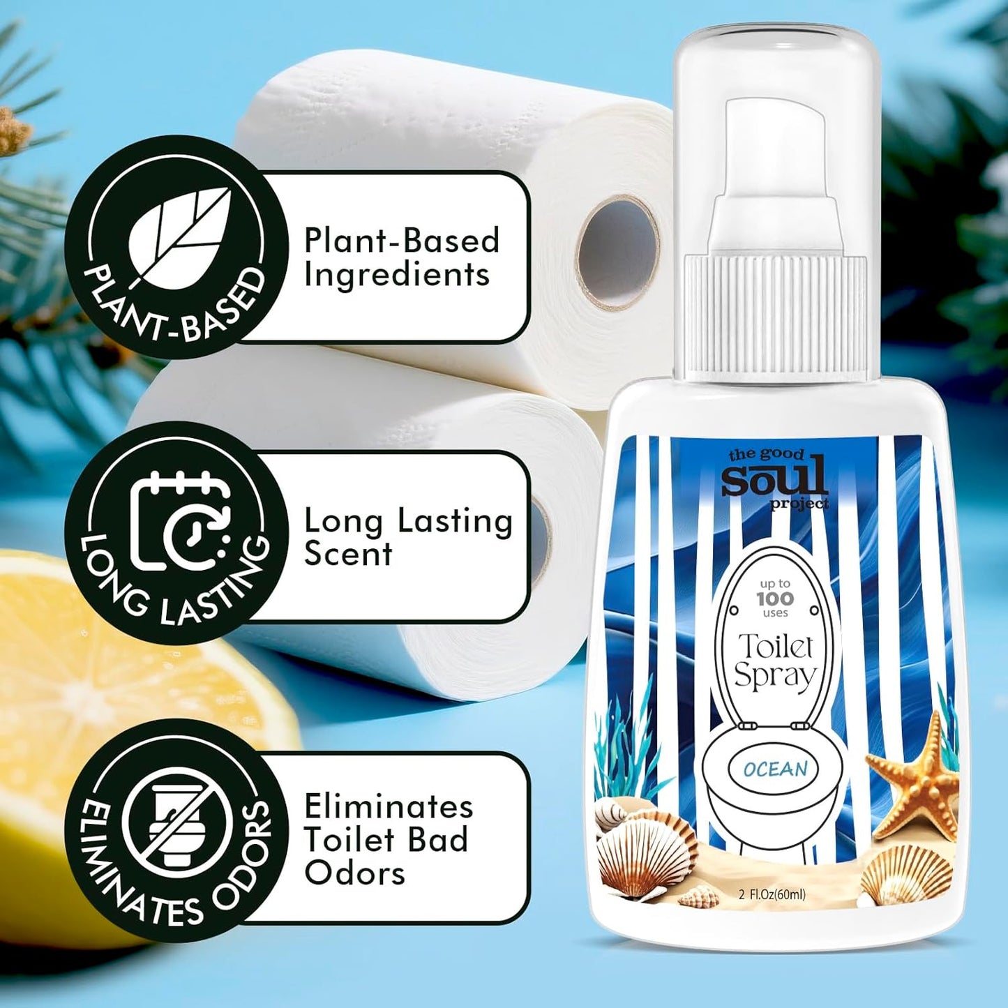 THE GOOD SOUL PROJECT Toilet Spray for Poop, Fresh Citrus, Bathroom Spray Odor Eliminator, 2Fl Oz 2 Pack