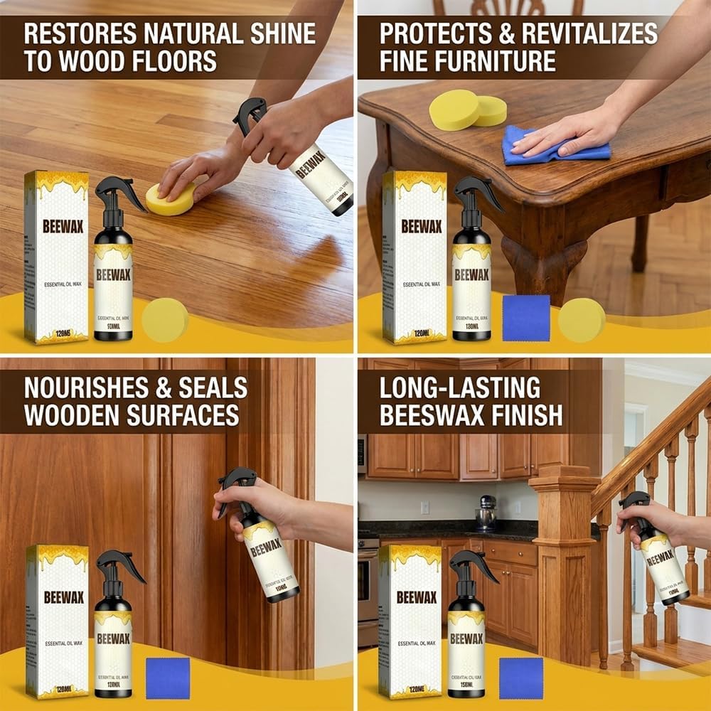 2 PCS Beeswax Wood Polish Spray: Natural Beeswax Furniture Polish and Cleaner - Wood Care Spray for Cabinets, Tables, Floors - Wood Conditioning Polish Kit with Sponge & Cloth (2)
