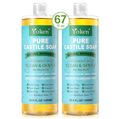 Yoken Castile Soap Liquid EWG Verified(1 Gallon, Unscented) Pure-Castile Liquid Soap for Body, Face, Hand, Pets, Laundry, Dish Soap and More - Made With Organic Oil, Vegan, Clean & Gentle, Versatile