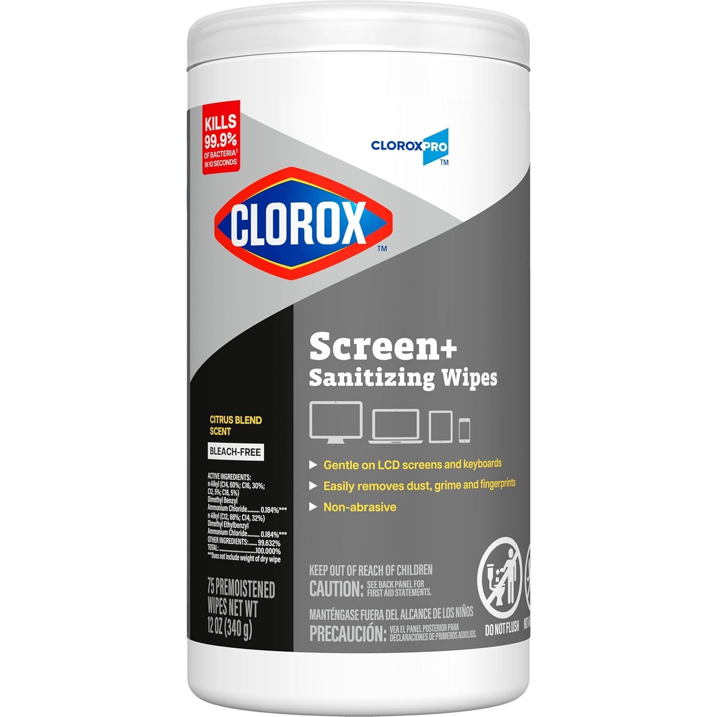 CloroxPro Clorox Screen+ Sanitizing Wipes, Bleach Free Cleaning Wipes, Citrus Blend Scent, 75 Count