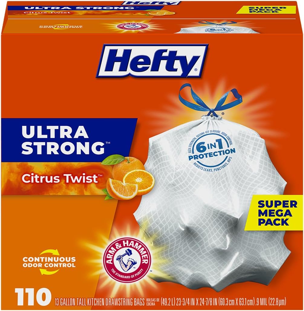 Hefty Ultra Strong 13 Gallon Trash Bags, Tall Kitchen Trash Bags 13 Gallon Size, Drawstring Closure, Continuous Odor Control, White, Citrus Twist Scent, 110 Bags