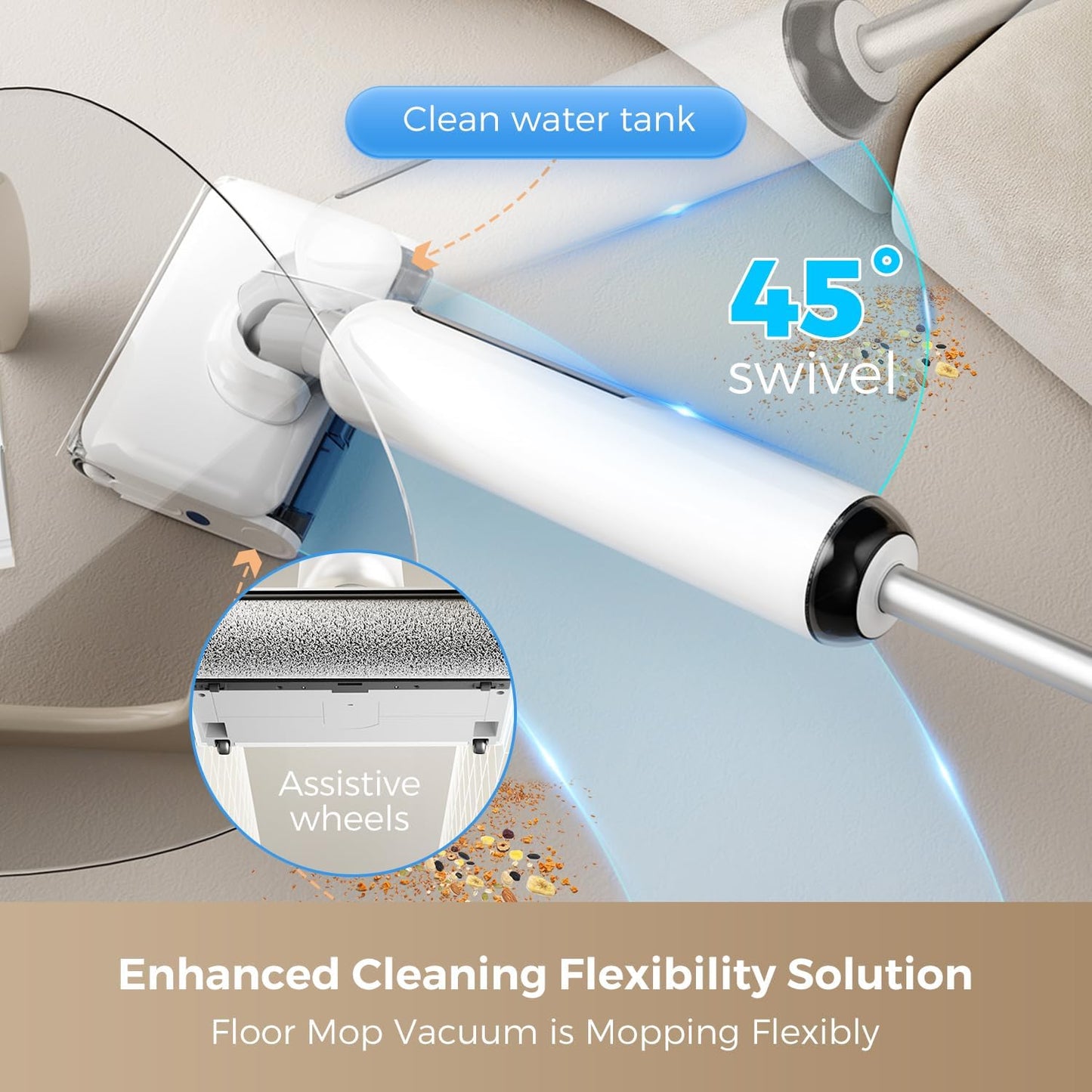 Wet Dry Vacuum Cleaner, Cordless Vacuum Mop Combo for Hard Floors, 23000Pa Powerful Suction, 180° Lay-Flat, Self-Cleaning Floor Washer with 45 Min Runtime, Anti-Tangle Brush, Dual Tank