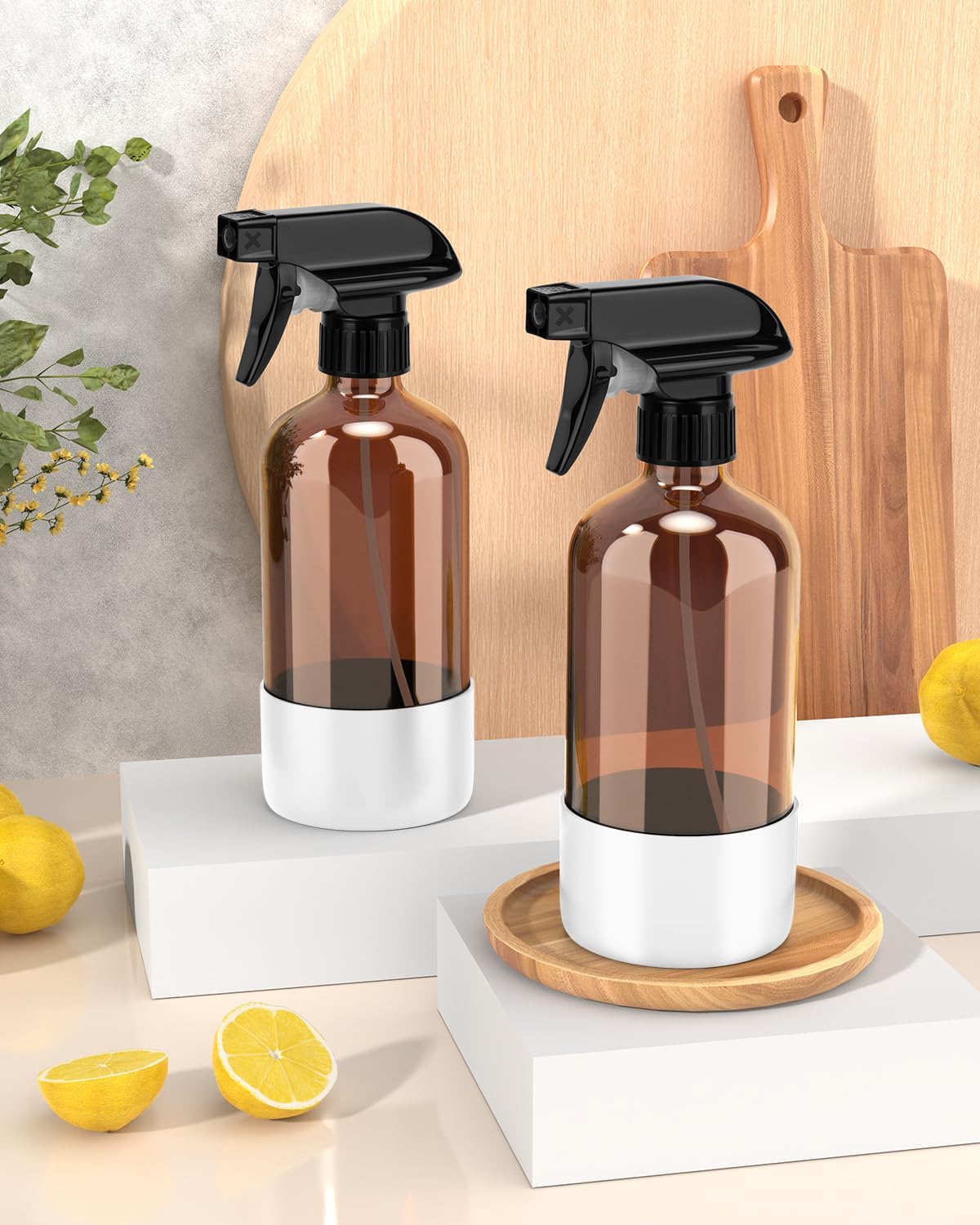 Bontip Glass Spray Bottle with Silicone Sleeve Protection, Amber Glass Spray Bottle Set for Window Cleaner Aromatherapy Facial Hydration Watering Flowers Hair Care 2 Pack/16 oz (Black & Brown)