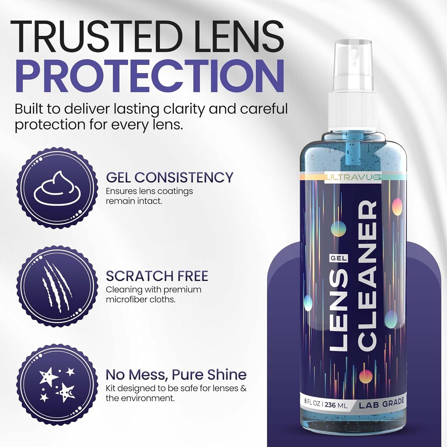 Eyeglass Gel Lens Cleaner Spray Kit - 3 x 2oz Gel Eyeglasses Cleaner Spray Bottle + 2 Microfiber Cloth for Cleaning - Safe for All Lenses (AR Coated Included), Eyeglasses and Screens