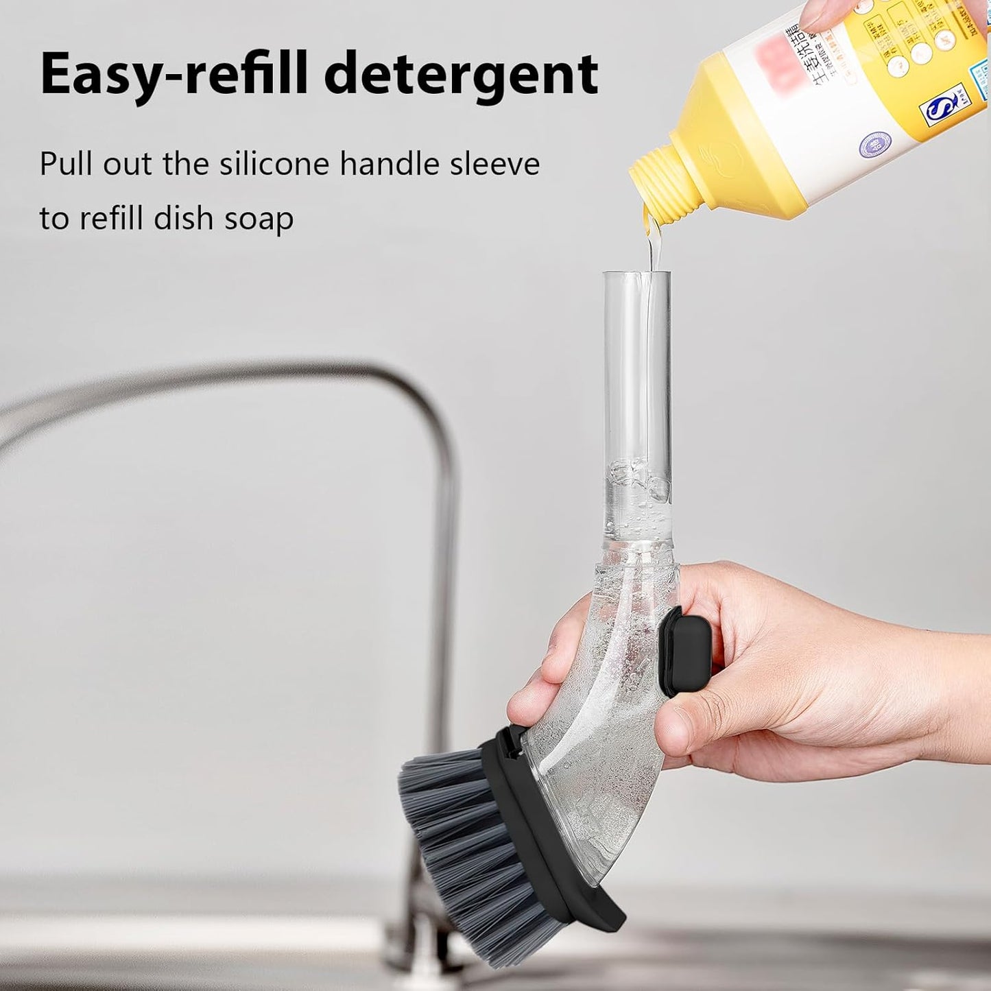 DAPOWER Soap Dispensing Dish Brush with Handle, Kitchen Scrub Brush for Dishes Pots Pans Sink Cleaning (Black)