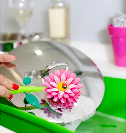 Vigar Flower Power Dish Brush with Handle and Vase Dish Brush Holder, Kitchen Scrub Brush for Pot Scrubber, Dishes, and Sink Cleaning, Pink, Green