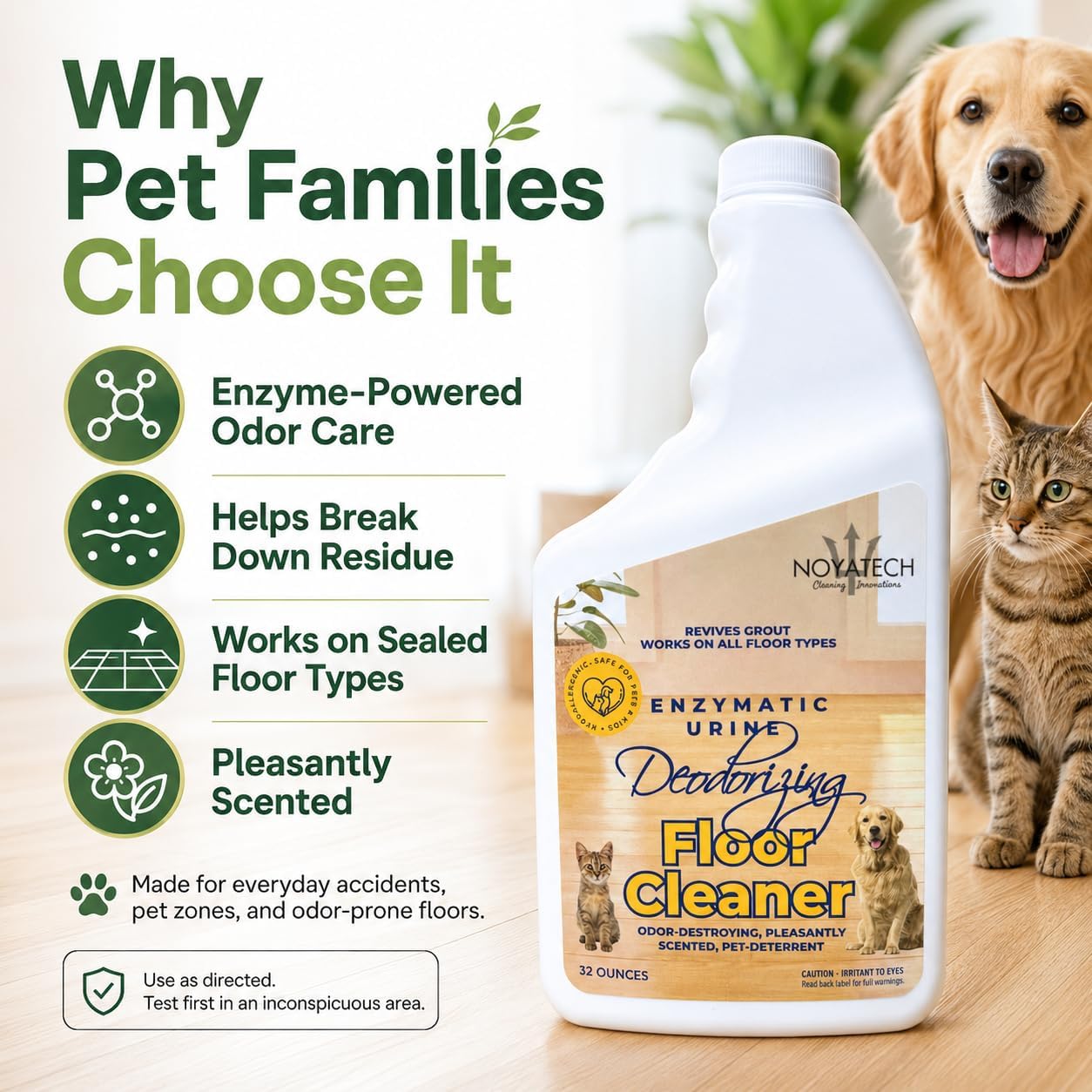NOYATECH Pet Floor Cleaner for Mopping – Enzyme Urine & Odor Eliminator – Safe for Hardwood, Tile, Laminate & Grout – Dog & Cat Pee Concentrate, 32 oz