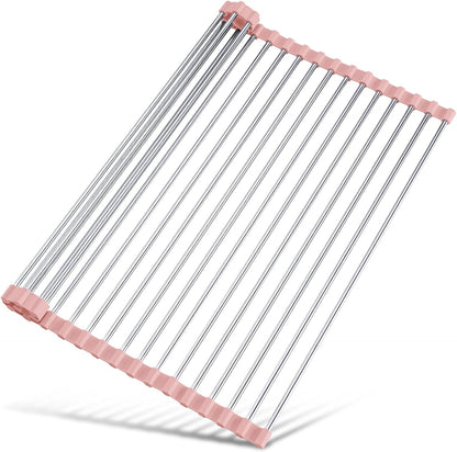 Tomorotec 17.7" x 15.5" Roll Up Dish Drying Rack Over Sink Drying Rack Sink Cover Kitchen Sink Accessories Gadget Multipurpose Organizer Foldable Stainless Steel Drainer (Grey)