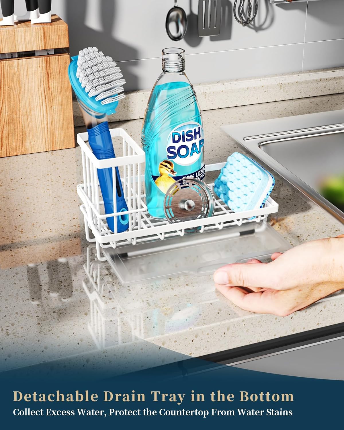 Consumest Sink Caddy, Kitchen Sponge Holder with Dish Brush Holder, Kitchen Organizer with Drip Tray for Countertop, Stainless Steel Rustproof - Silver