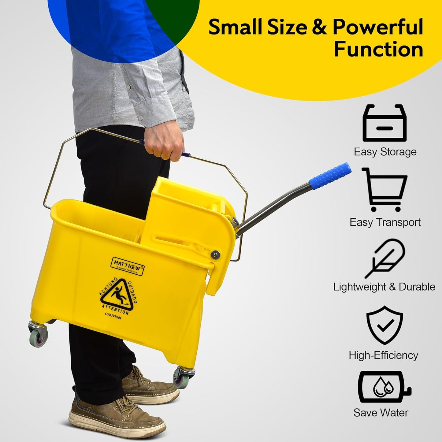 Matthew Cleaning 34 Quart Commercial Mop Bucket INCL.Wet String Mop with Side Press Wringer On Wheels,Heavy Duty Tandem Portable Floor Cleaning Wavebrake,Ideal for Household,Industrial,Restaurant