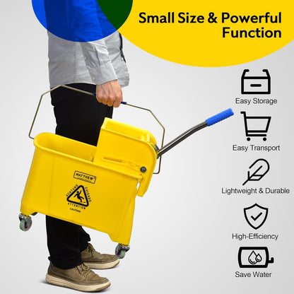 Matthew Cleaning 34 Quart Commercial Mop Bucket INCL.Wet String Mop with Side Press Wringer On Wheels,Heavy Duty Tandem Portable Floor Cleaning Wavebrake,Ideal for Household,Industrial,Restaurant