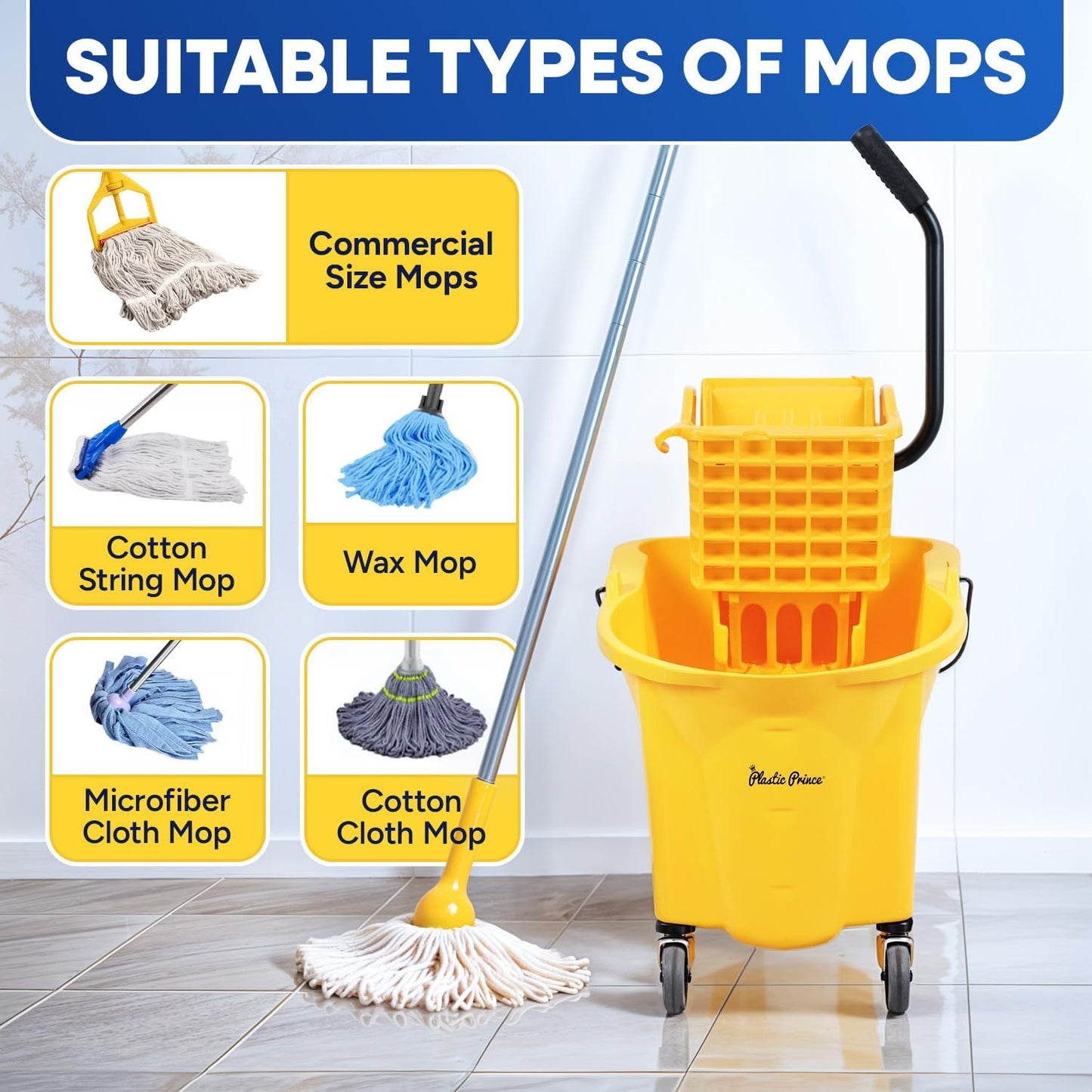 PLASTIC PRINCE Small Mop Bucket with Wringer on Wheels 5 Gallon, Heavy Duty Dual Chamber Mop Bucket Separate Dirty Water, Perfect for Household, 20 Quart Yellow