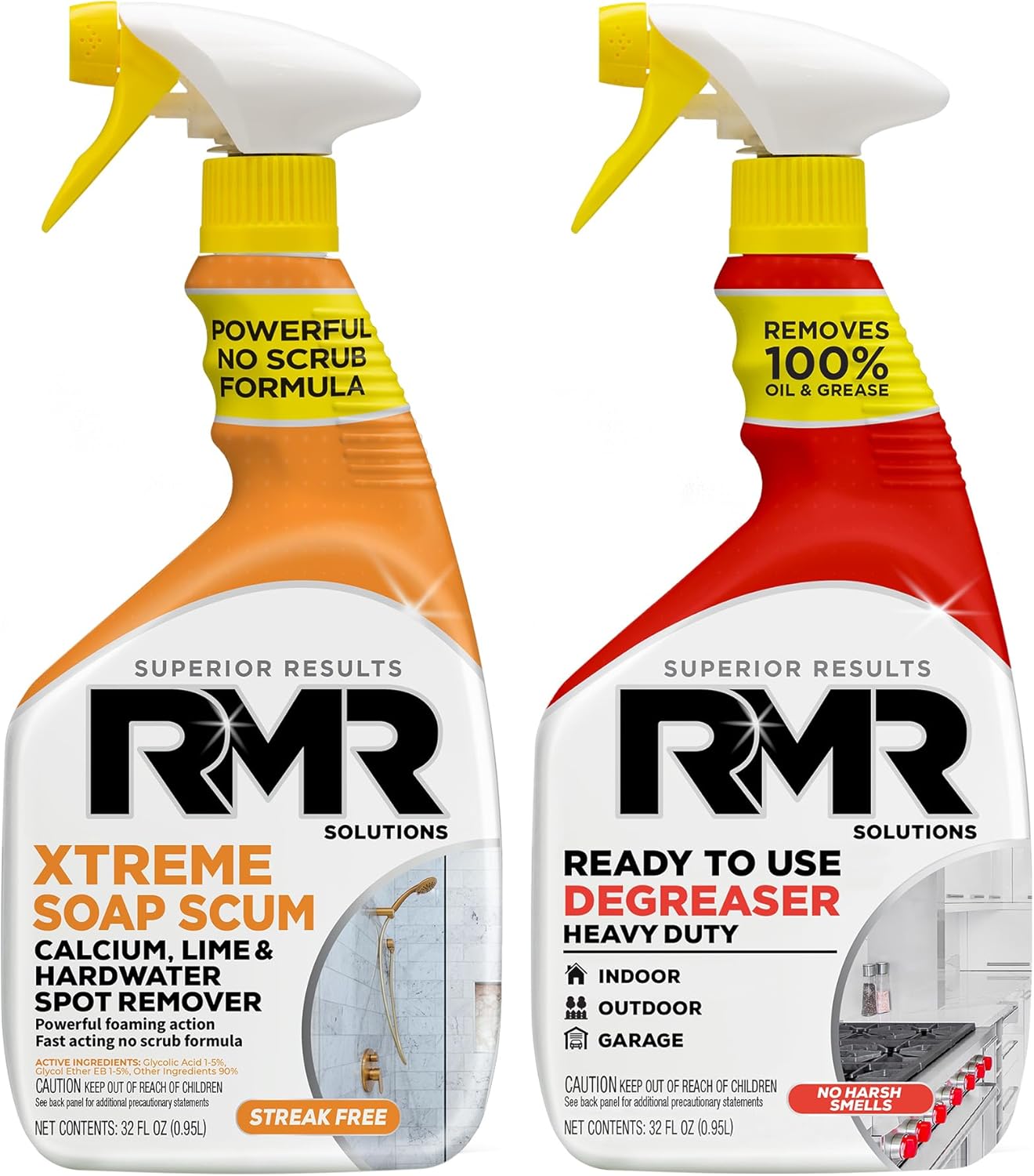 RMR Grease & Grime Eraser Kit – Degreaser & Cleaner + Xtreme Soap Scum Remover, Fast-Acting Kitchen & Bathroom Cleaning System for Grease, Soap Scum, Calcium & Hard Water Buildup, 2–32 Oz Bottles