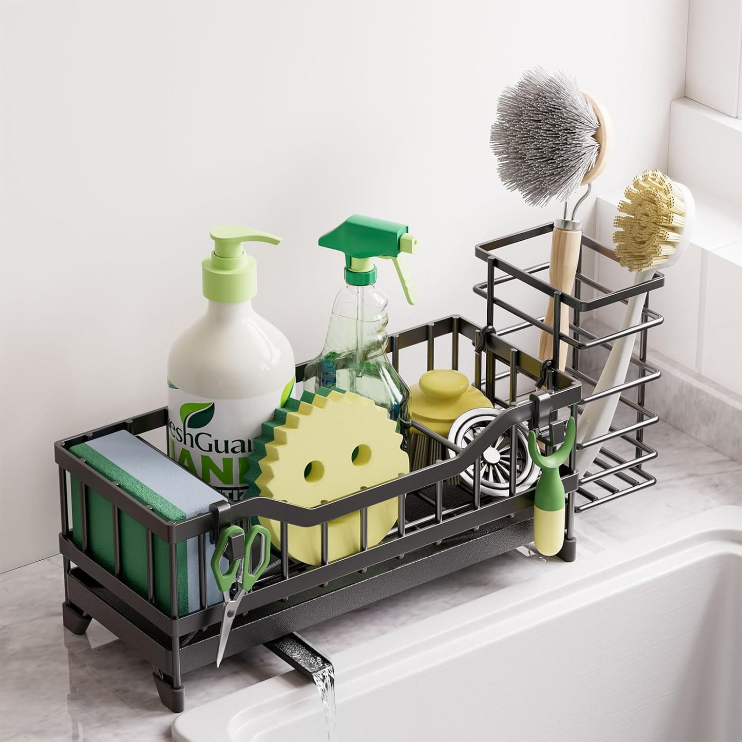 Sponge Holder for Kitchen Sink, Kitchen Sink Caddy with Long-Handled Dish Brushes Holder, 304 Rustproof Stainless Steel Countertop Organizers and Storage, Home Kitchen Sink Accessories(Silver)