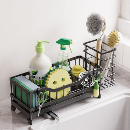 Sponge Holder for Kitchen Sink, Kitchen Sink Caddy with Long-Handled Dish Brushes Holder, 304 Rustproof Stainless Steel Countertop Organizers and Storage, Home Kitchen Sink Accessories(Silver)
