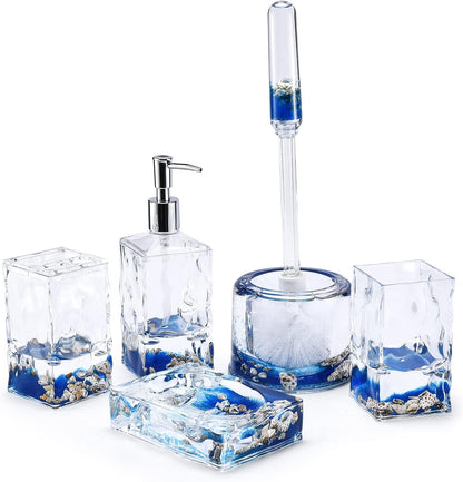 Locco Decor 5 Piece Acrylic Liquid 4D Floating Motion Bathroom Vanity Accessory Set Garden Botanic Green Plants Toothbrush Holder, Tumbler, Soap Dispenser, Soap Dish, Toiletbrush Holder Set