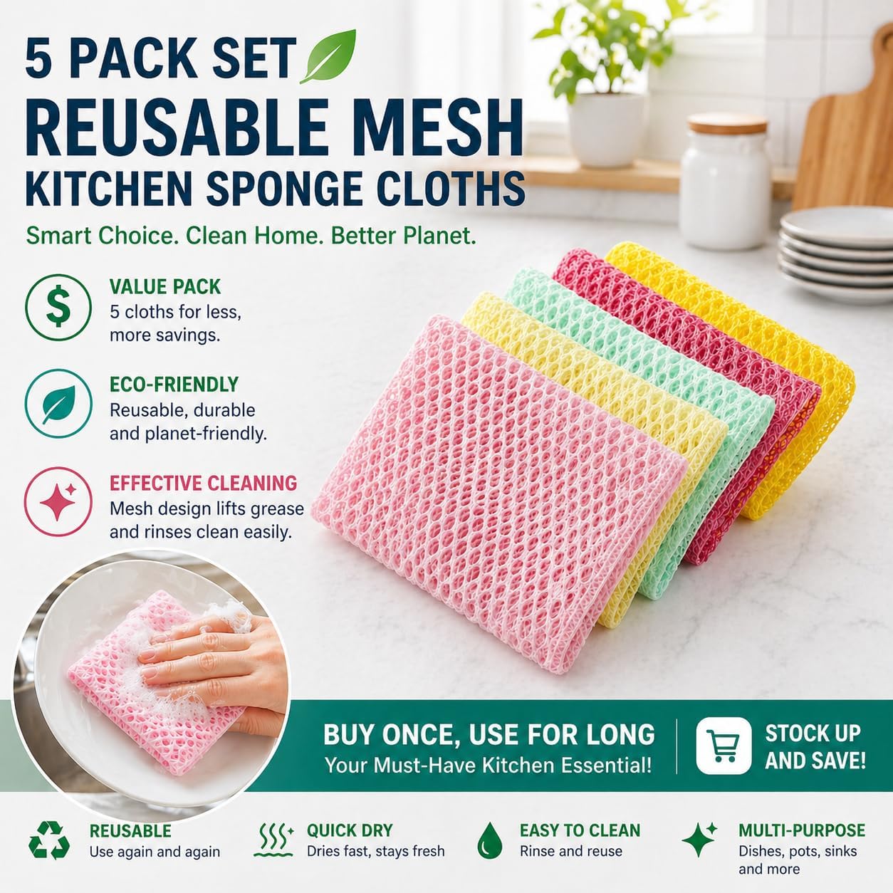 OliviaTree Dish Scrubber 5 Pack, Non Scratch Reusable Mesh Scrub Cloth for Washing Dishes Pots Pans Sink, Quick Dry Odor Resistant Sponge Alternative, Korean Kitchen Cleaning Pad 11 x 11 Inch