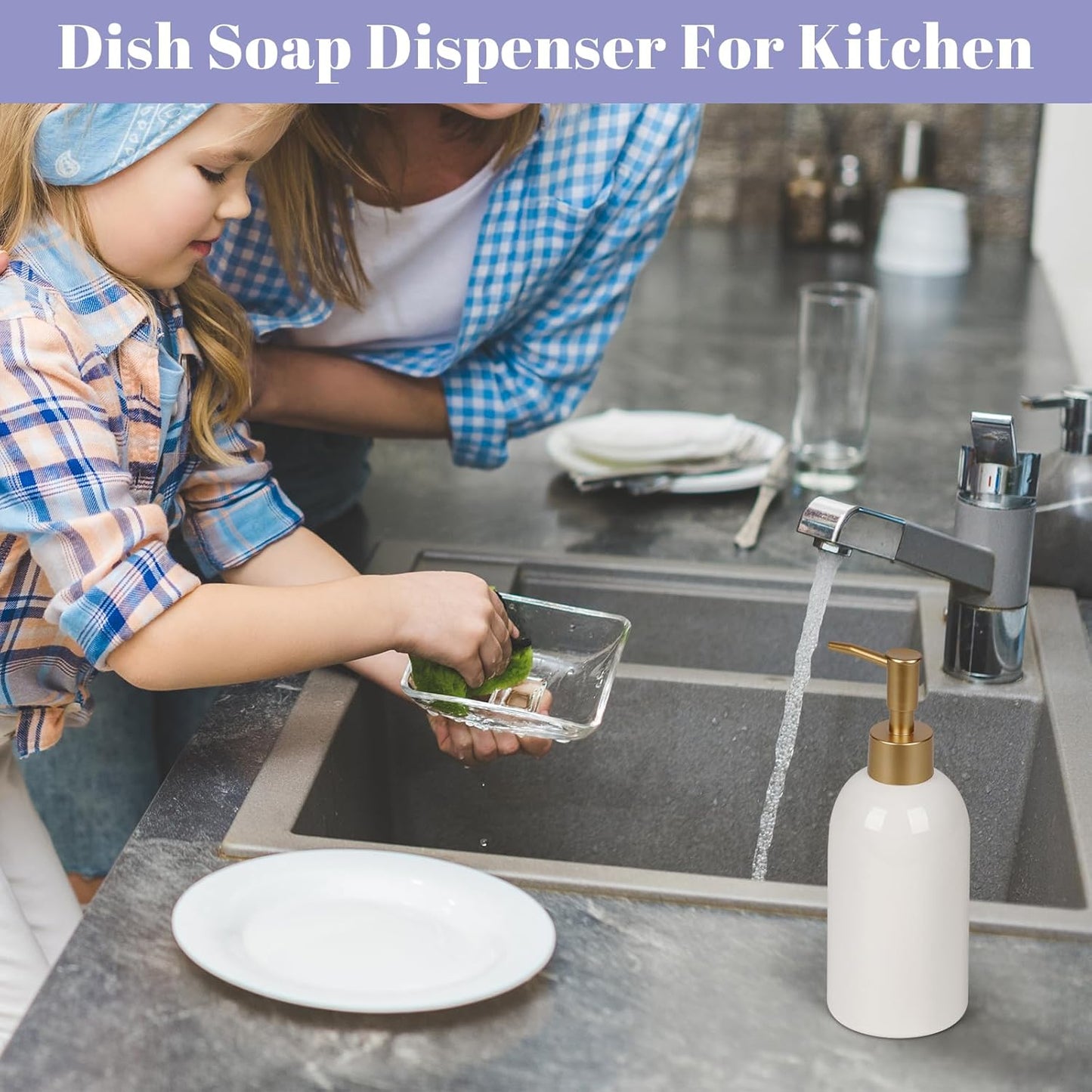 Natheeph Dish Soap Dispenser, Hand Soap Dispenser Ceramic Bottle, Refillable Liquid Great for Kitchen Dish Soap, Hand Soap, Essential Oil & Lotion (Bright White)