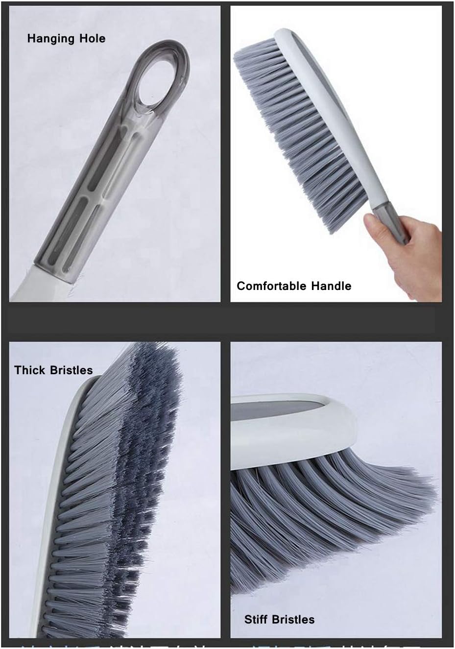 Hand Broom, 14 inch Large Counter Duster, Slightly Stiff Plastic Bristle Brush with Long Handle, Sweep for Furniture, Floor, Bench, Carpet, Woodworking, Patio, Home, Shop(Gray, 14 inch)
