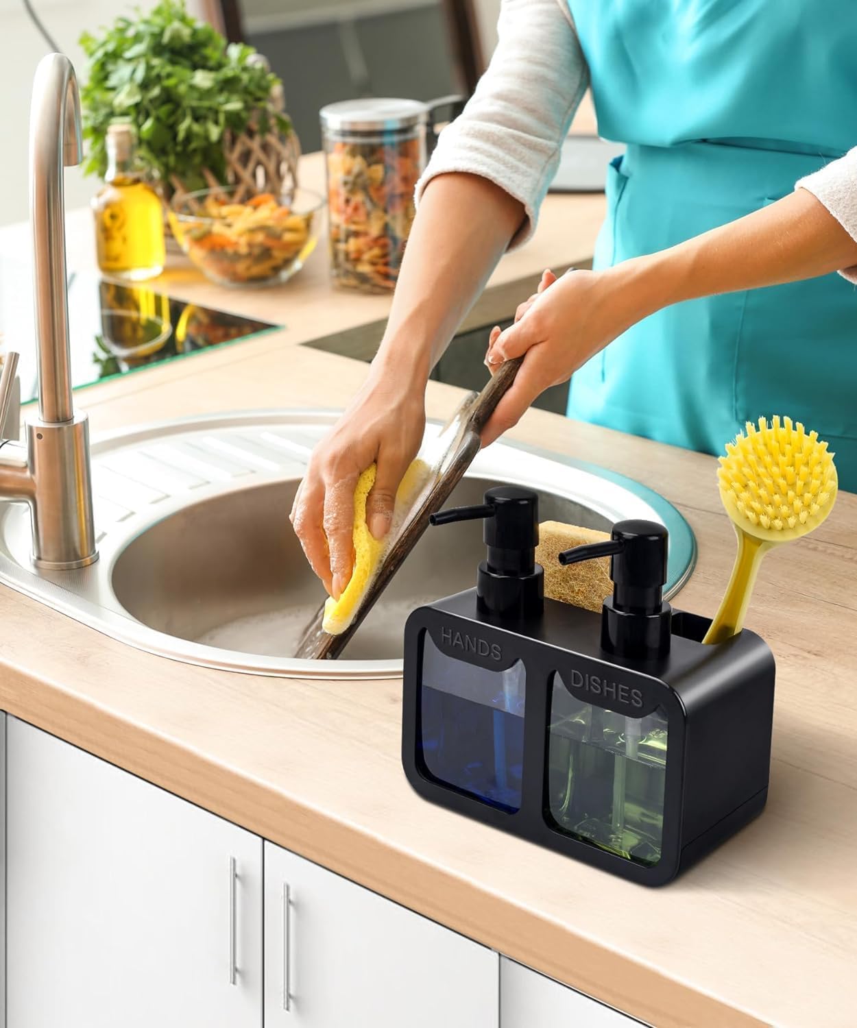 2-in-1 Kitchen Sink Liquid Dish Soap Dispenser Set for Hands and Dishes, Matte Black Dual Refillable Pump Bottle, with Sponge Caddy & Brush Holder, Countertop Organizer Gadget
