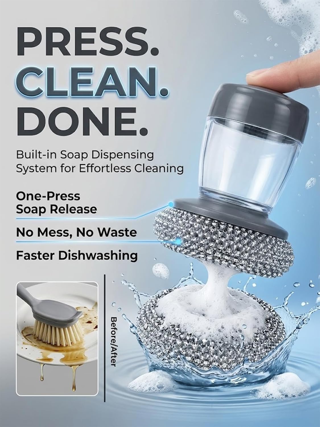Dish Soap Dispenser and Sponge Holder Set for Kitchen Sink Soap Dispensing Palm Brush with Handle Scrubber Wood Bamboo Cleaning Tools Wand Refill Countertop Accessories(2+6PCS)
