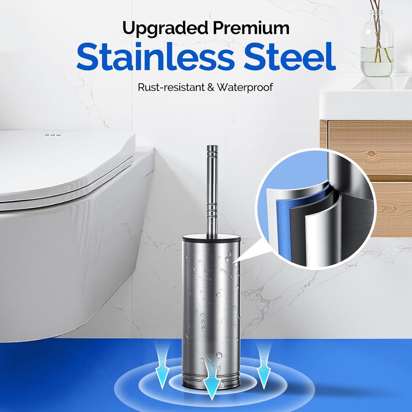 HAMITOR Toilet Brush and Holder Set: 304 Stainless Steel Heavy Duty Deep Cleaning Bowl Cleaner Brush with Curved Bristle - Space Saving Wall-Mounted for Home Apartment Bathroom Accessories Silver