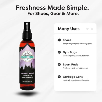 Lumi Outdoors Natural Shoe Deodorizer Spray (700+ Sprays) - Extra Strength Shoe Odor Eliminator for Smelly Shoes & Foot Odor - Replaces Shoe Balls & Inserts - Lemon Eucalyptus