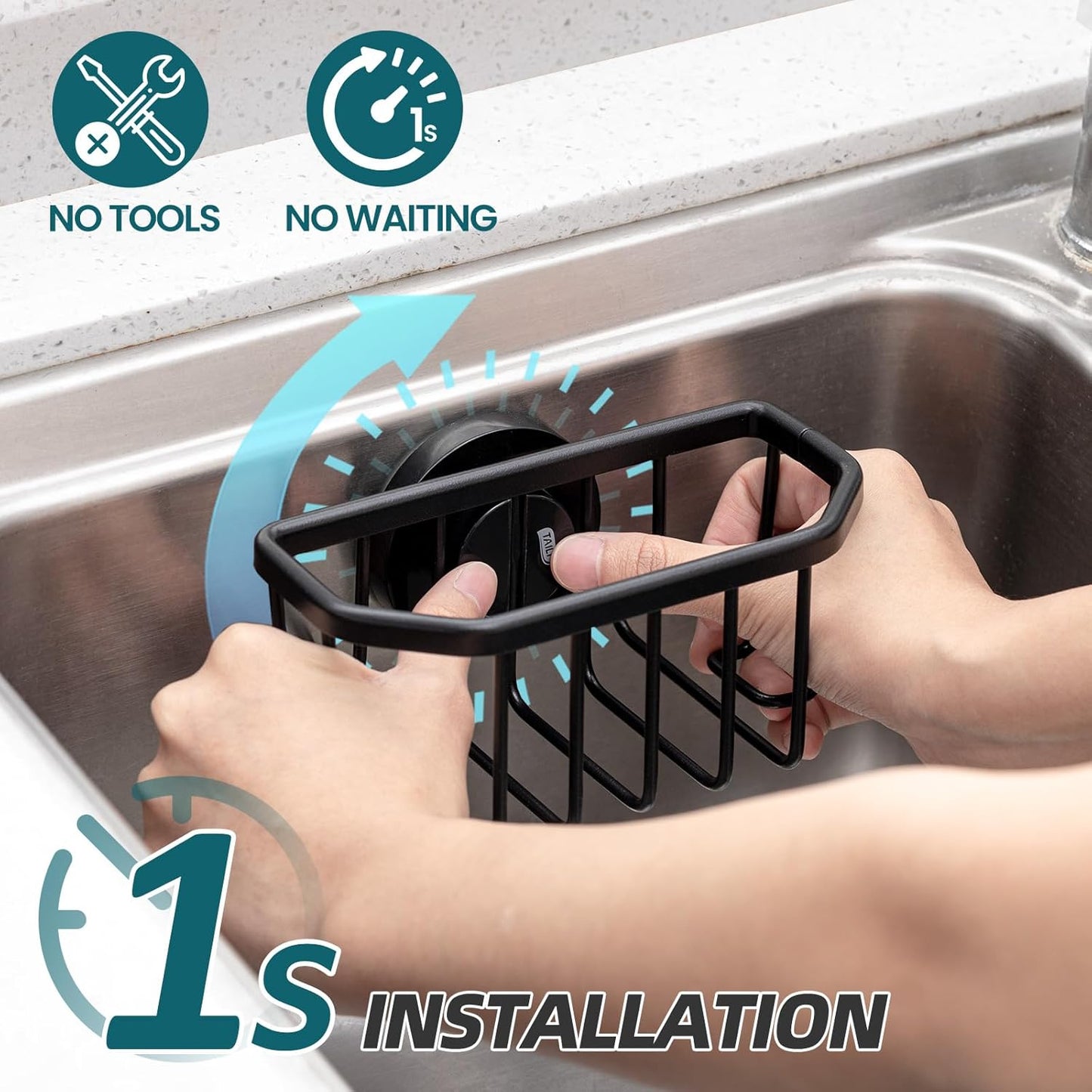 TAILI 4-in-1 Sink Caddy with Strong Suction Cup, Sponge Holder for Kitchen Sink Organizer, Removable, Rustproof, Stainless Steel Holder for Sponge, Brush, Scrubber, Scraper - Silver