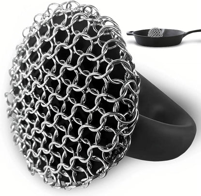 Cast Iron Scrubber 316L Chainmail Cleaner for Pans, Frying Pans & Grills, Ergonomic Handle &Large Panel for Cleaning Cast Iron