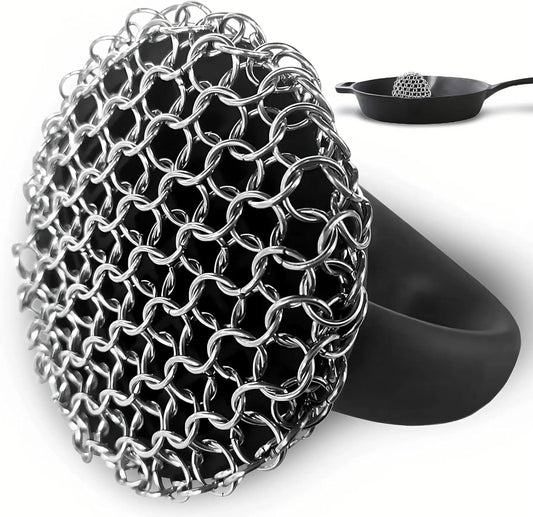 Cast Iron Scrubber 316L Chainmail Cleaner for Pans, Frying Pans & Grills, Ergonomic Handle &Large Panel for Cleaning Cast Iron