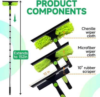 67" Squeegee Window Cleaner 2 in 1 Rotatable Window Cleaning Tool Kit with Extension Pole, Window Washing Equipment with Bendable Head for Indoor & Outdoor High Windows and Car Glass