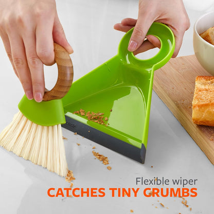 Full Circle Tiny Team Mini Compact Brush & Dustpan Set, Portable Handheld Broom for Quick Cleanups, Ideal for Home, Bathroom, Kitchen Countertops. Bamboo Hand Broom & Small Crumb Sweeper, White