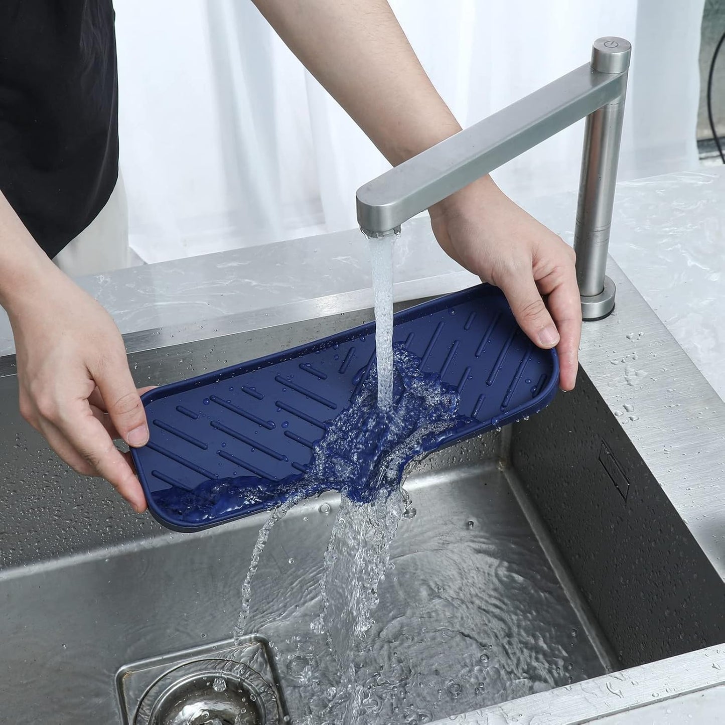 MicoYang Silicone Bathroom Soap Dishes with Drain Spout-Bathroom and Kitchen Sink Organizer,Sponge Holder,Dish Soap Tray,Perfect for Dispenser,Scrubber,Bottle,Cup on Sink or Counter-Black 4.9"×3.2"