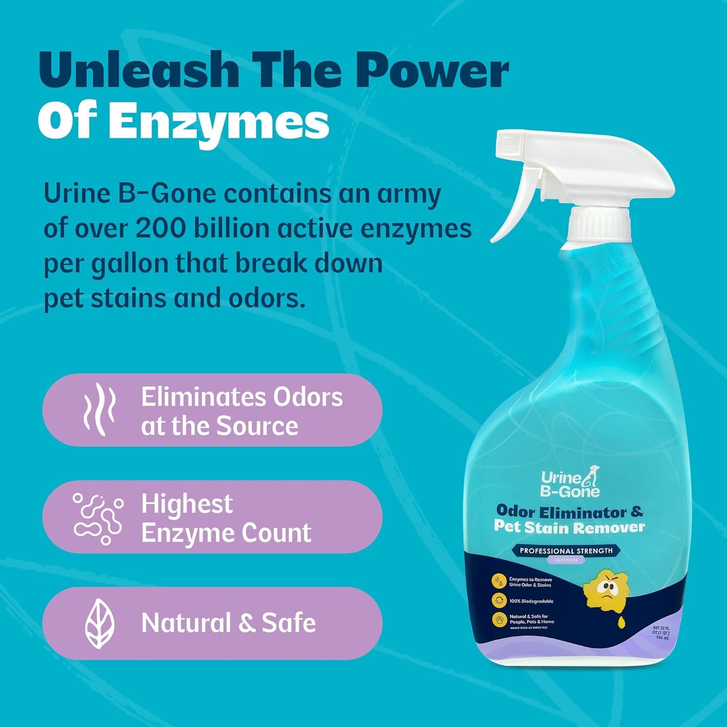 Urine B-Gone, Professional Enzyme Odor Eliminator & Pet Stain Remover, Human, Cat & Dog Urine Cleaner, Effective on Laundry, Carpets & More, Original Scent, 1 Gallon