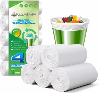 220 Counts Aklyaiap 4 Gallon Trash Bag,Tear & Leak Resistant Bathroom Biodegradable Small Garbage Can Bags Unscented for Home & Kitchen, 5Rolls, White
