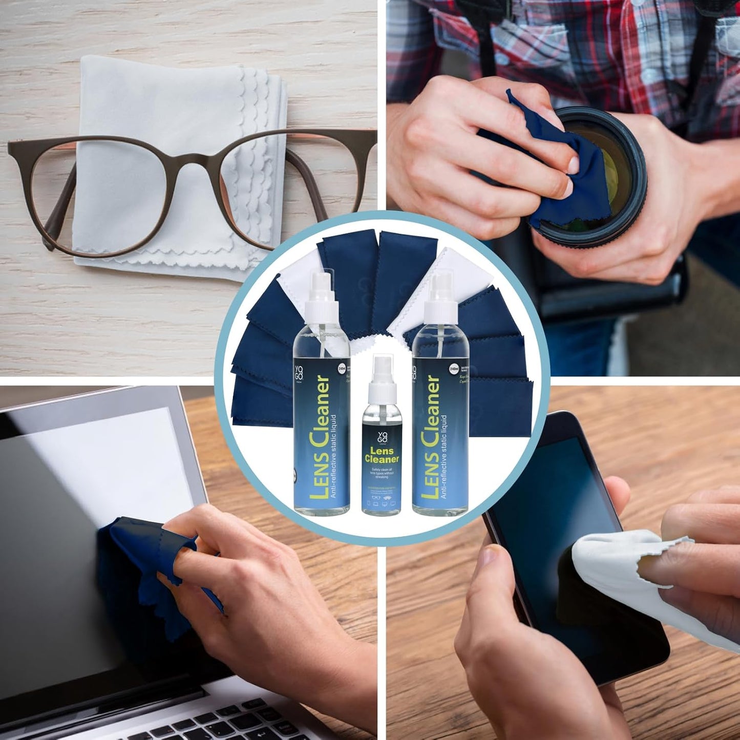 Lens Cleaner Spray 2 Eyeglass Cleaner Bottels, with 4 Microfiber Cloths Kit Ammonia and Streak Free Safe for Eyewear and Electronics