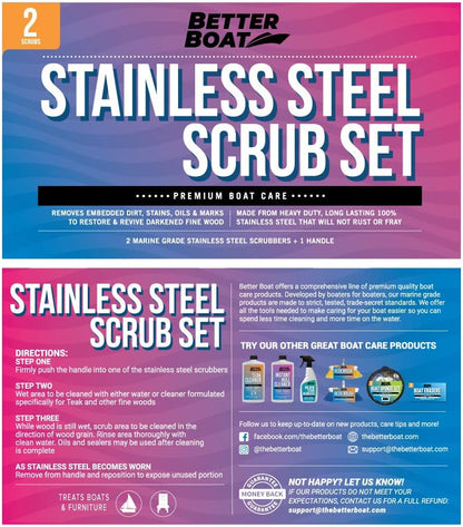 Stainless Steel Scrubber Set, Marine Grade Steel Wool Scouring Pads Scrub with Brush Handle, Heavy Duty Cleaning Supplies for Kitchen,Teak Wood, Outdoor Furniture, and Metal