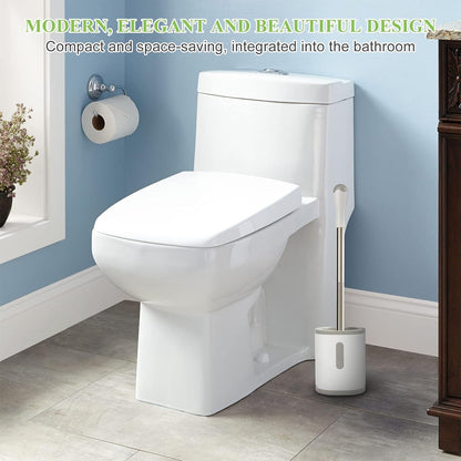 AONEZ Compact Toilet Brush & Holder, Stainless Steel Handle, Space Saving for Storage, Deep Cleaning, Drip-Proof, Easy to Assemble, Nylon Bristles, White & Grey