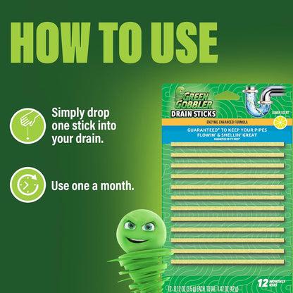 Green Gobbler Drain Cleaner & Deodorizer FRESH SCENT Sticks for Toilet Tanks, Sinks, Bathtub Drains, Washing Machine Drains and Garbage Disposals - 24 Pieces