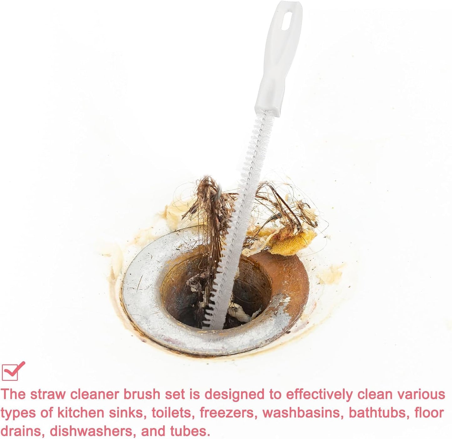 uxcell 2 Pcs Drain Cleaner Brush, 18.5 Inches Extra Long Stainless Steel & Nylon Pipe Cleaner Brush, White, Medium Firmness, For Kitchen Sink, Shower, Toilet, Floor Drains, Tubes