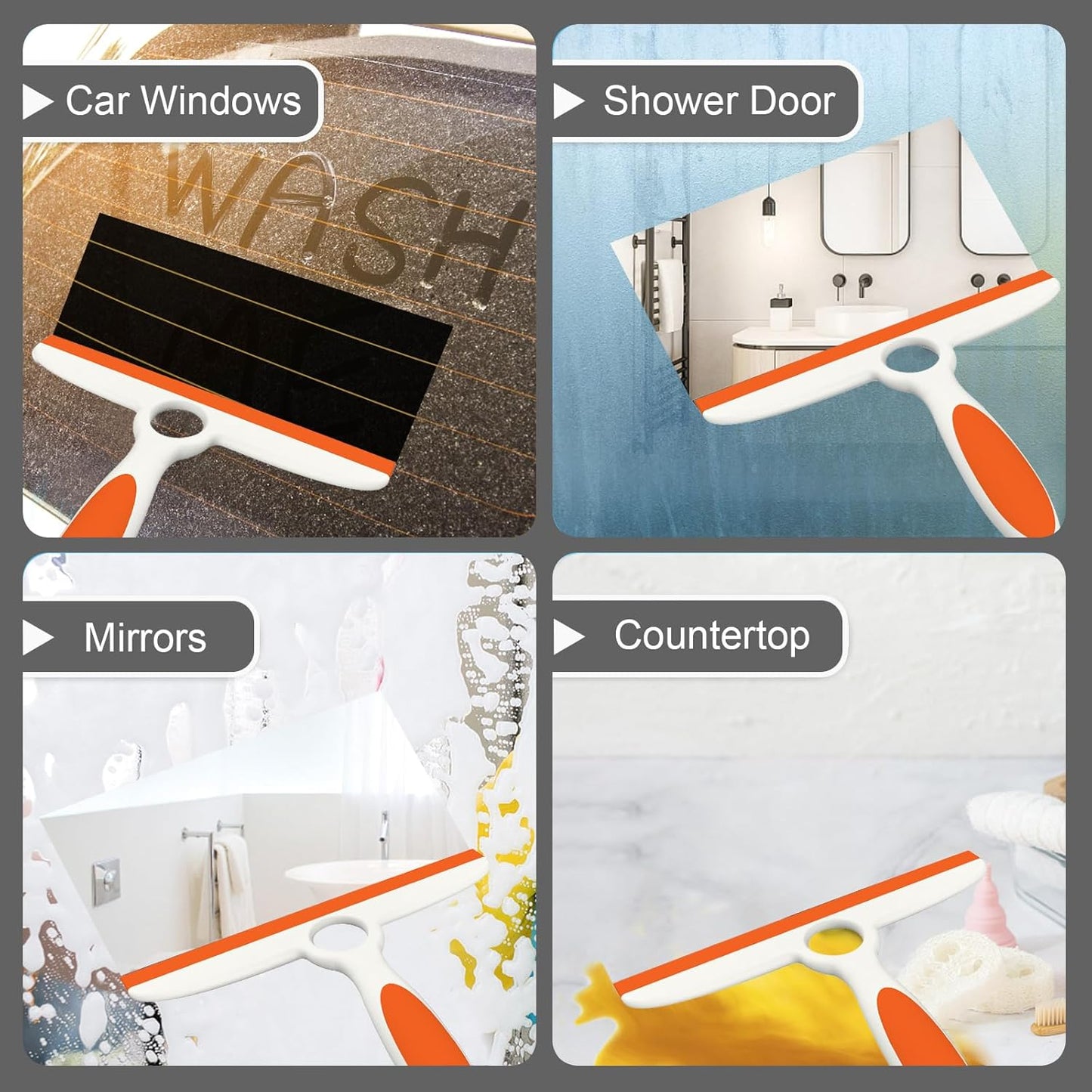 Shower Squeegee for Glass Doors & Walls - 10" Squeegee with Adhesive Hook - Pack of 2/Gray
